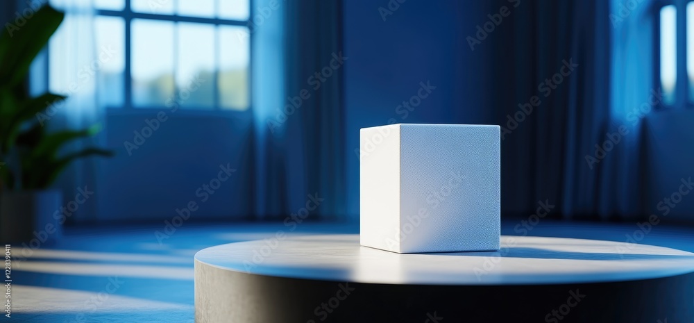 White cube on table, sunlit room, minimalist backdrop, product display White cube on table, sunlit room, minimalist backdrop, product display