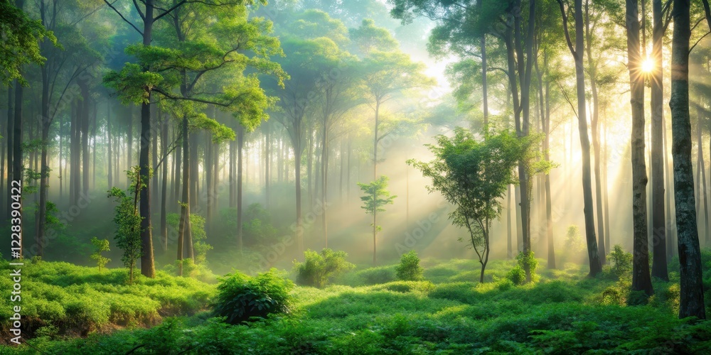 Obraz premium Serene forest landscape with greenery and blurred light highlights on a misty morning, fog