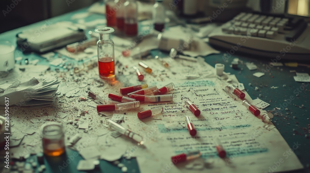 Naklejka premium Abandoned Laboratory: A Mess of Medical Supplies and Documents