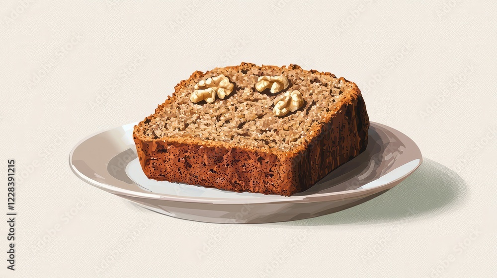 Delicious Slice of Walnut Bread on a Plate Against Neutral Background Delicious Slice of Walnut Bread on a Plate Against Neutral Background