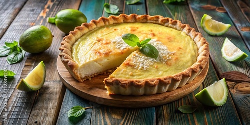 Delicious Filipino Buko Pie: Sliced Young Coconut Custard Pie Aerial View photo