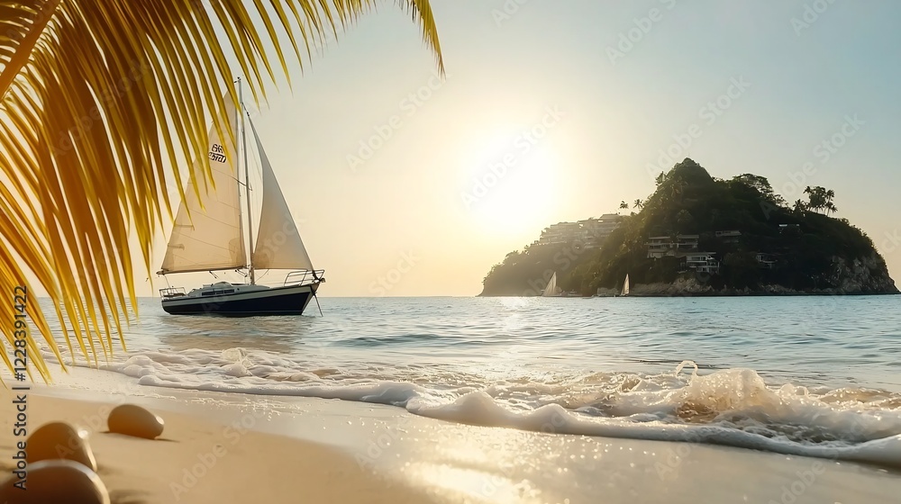 Naklejka premium Tranquil beach scene at sunset with a sailboat gliding past a lush island, creating a serene atmosphere