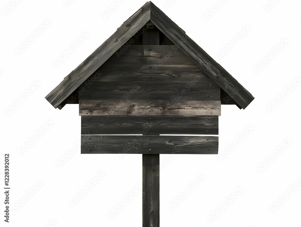Rustic Wooden Signpost Stands Tall with a Roof Against a White Background Rustic Wooden Signpost Stands Tall with a Roof Against a White Background