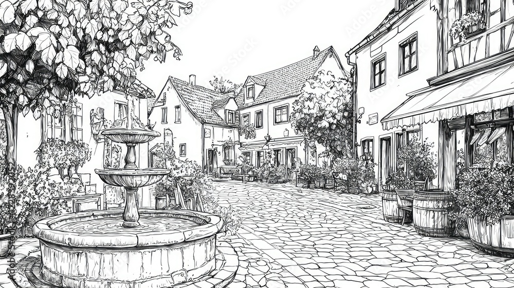 Obraz premium Charming Village Scene with Fountain and Quaint Architecture