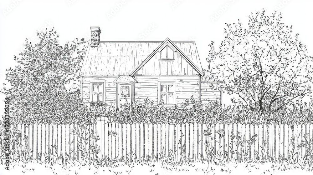 Obraz premium Hand-Drawn Illustration of a Cozy House Surrounded by Nature