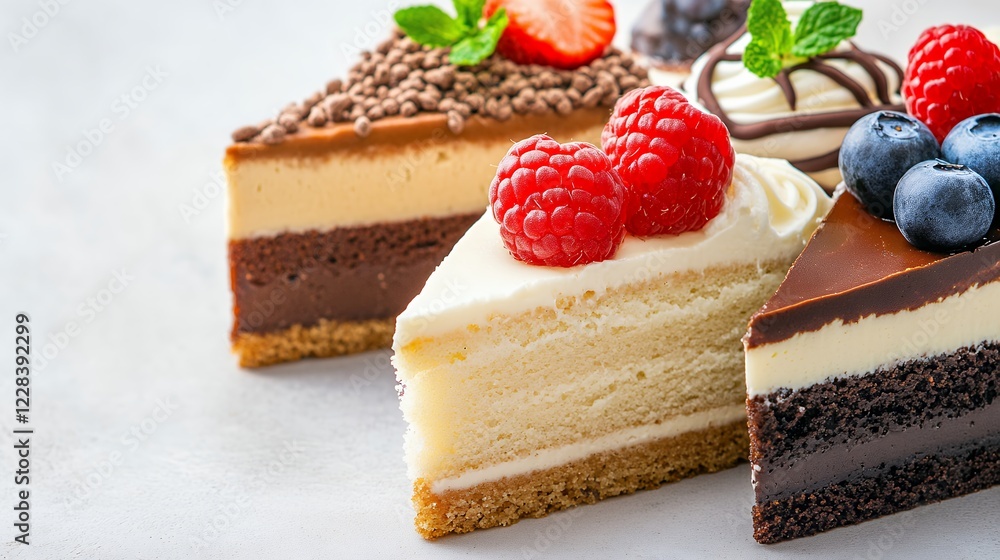 Assortment Of Delicious Cakes With Fresh Berries And Chocolate Toppings Assortment Of Delicious Cakes With Fresh Berries And Chocolate Toppings