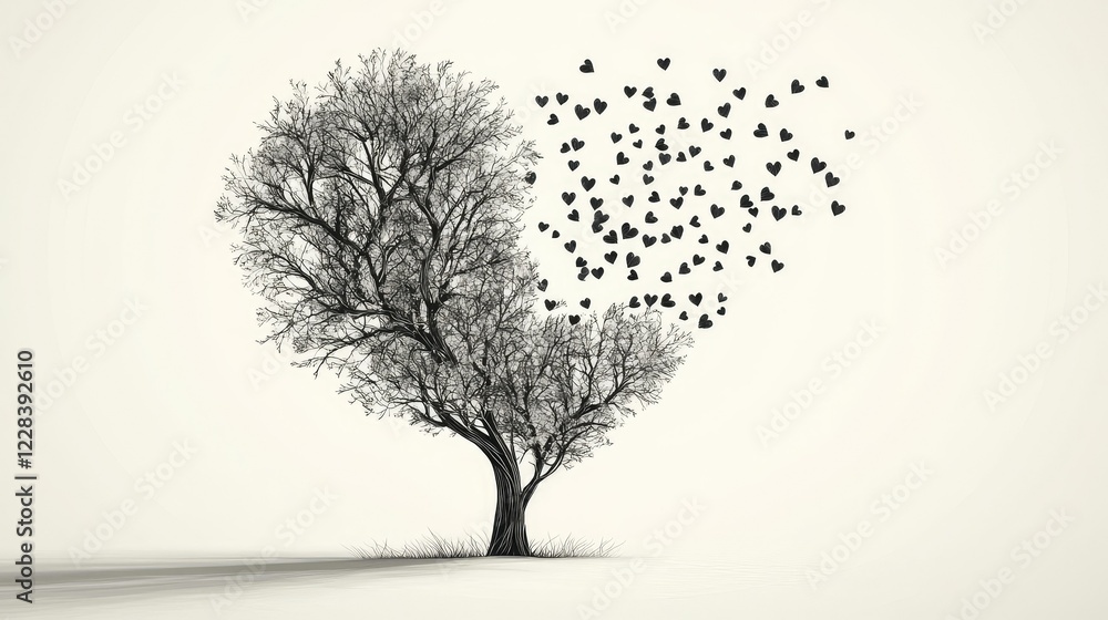 Obraz premium Heart-Shaped Tree with Flying Hearts in Artistic Minimalist Style