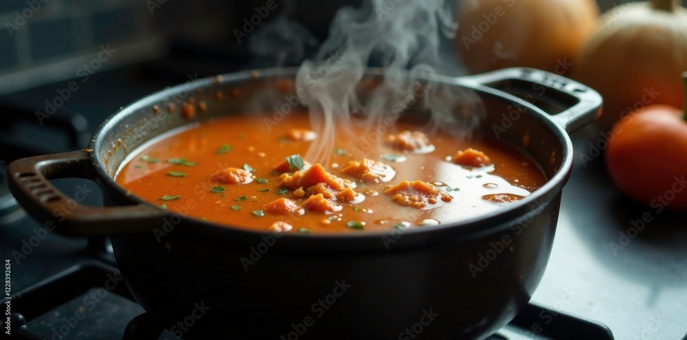 Soup simmering on the stovetop with a steam rising high, contents, liquid Soup simmering on the stovetop with a steam rising high, contents, liquid
