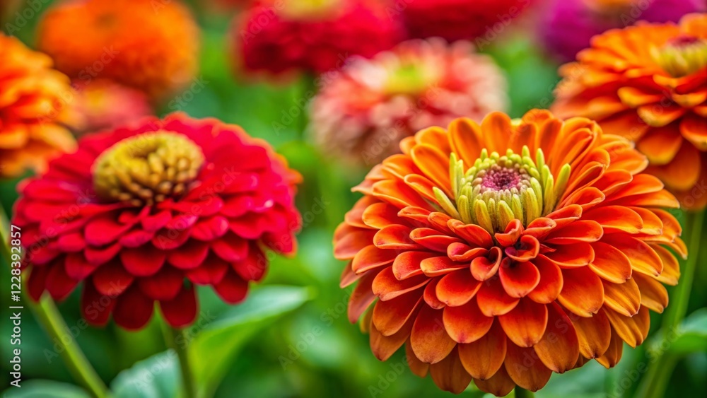 Vibrant Zinnia Flowers: Orange, Red & Green Blooms in Garden Vibrant Zinnia Flowers: Orange, Red & Green Blooms in Garden