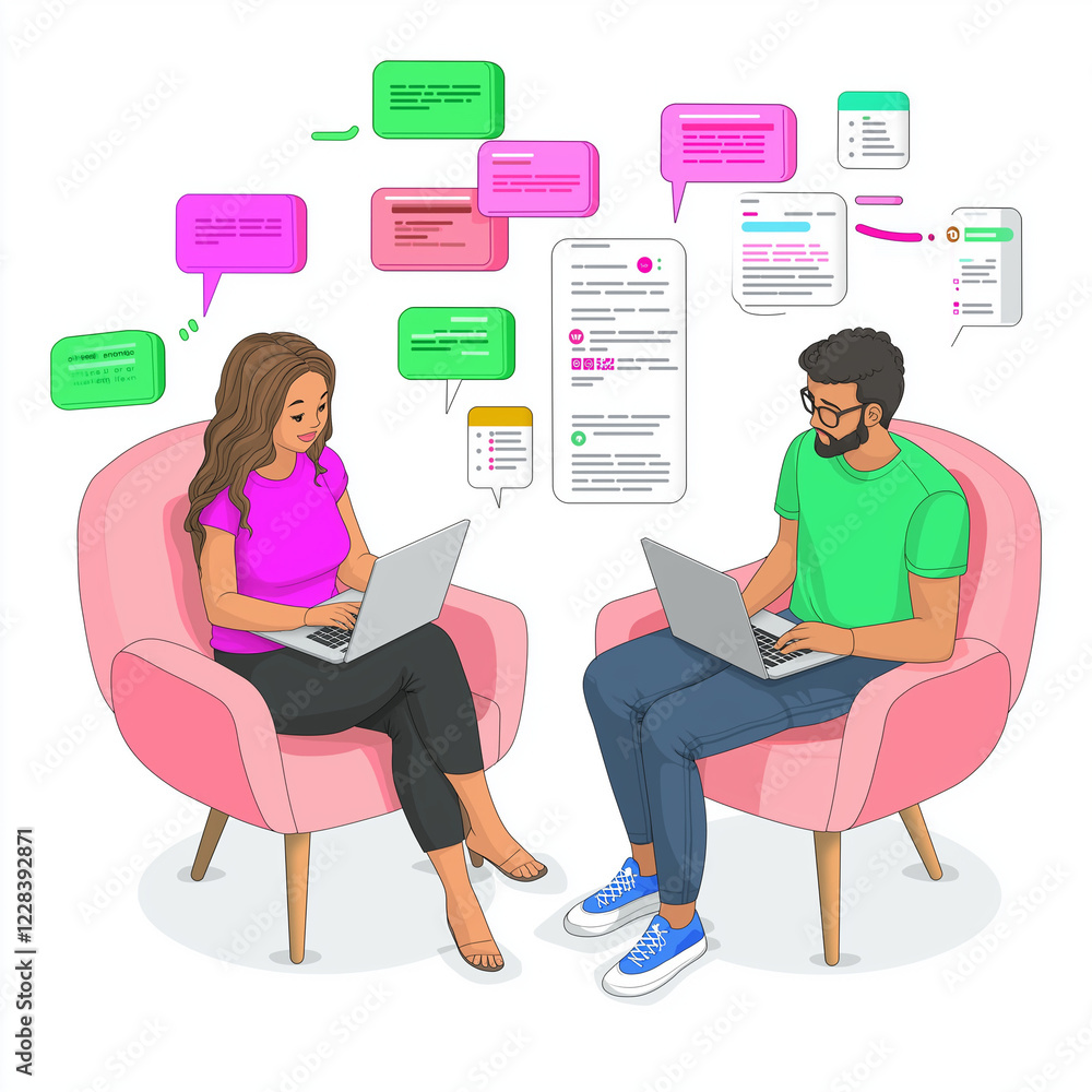 Two People Collaborating Online with Laptops in a Cozy Setting Two People Collaborating Online with Laptops in a Cozy Setting