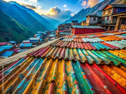 Vibrant Zinc Rooftops, Namche Bazaar, Everest Region, Nepal - Macro Photography photo