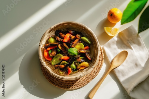 Colorful bowl of sautéed earthworms with fresh vegetables and citrus on a light background