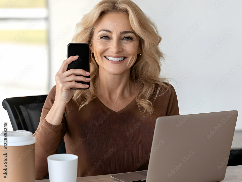 Smiling Woman Shows Phone Screen Working at Laptop in Office with Coffee Smiling Woman Shows Phone Screen Working at Laptop in Office with Coffee