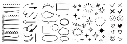 Line arrow hand drawn shape brush underline stroke element vector set. Hand drawn doodle sketch arrow, circle, star brush stroke scribble underline icon. Marker doodle sketch vector illustration