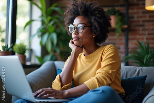 A thoughtful Black woman with curly hair wearing glasses, engaged in focused work on her laptop in a cozy, plant-filled modern living room environment. photo