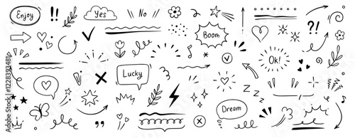 Cute line sketch star, arrow, cloud decoration element icon set. Hand drawn sketch doodle cute star, heart, flower element. Line text decoration scribble shape icon. Hand drawn Vector illustration.