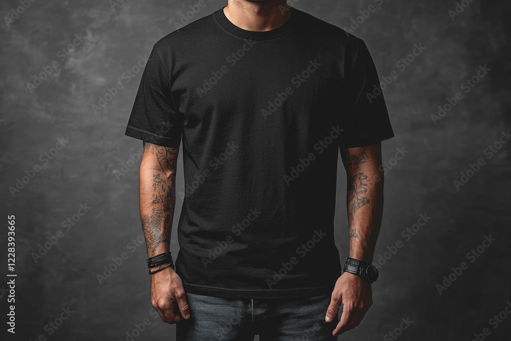 Man with Tattoos Wearing a Black T-Shirt Against a Dark Grey Background Man with Tattoos Wearing a Black T-Shirt Against a Dark Grey Background