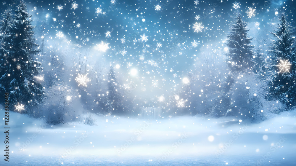 Fototapeta premium Magical night scene of a snowy landscape under a starlit sky where gentle snowflakes fall creating a serene and enchanting winter wonderland atmosphere. Starlit Falls. Illustration