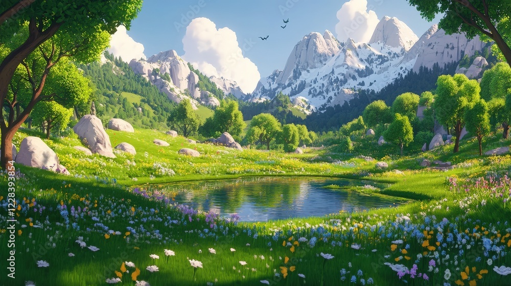 Fototapeta premium Vibrant spring landscape showcasing a serene pond surrounded by colorful wildflowers and mountains