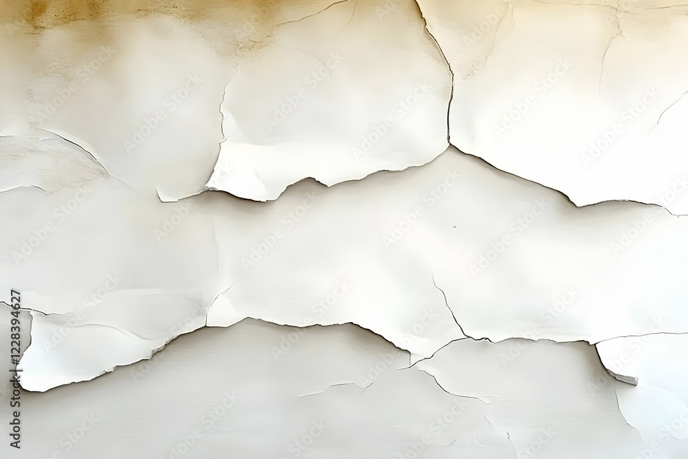 Cracked white paint peels off a wall, showing layers and texture in an abstract pattern. Cracked white paint peels off a wall, showing layers and texture in an abstract pattern.