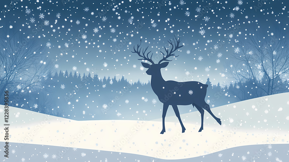 Winter landscape featuring a reindeer walking through softly falling snow under a starlit sky. Starlit Falls. Illustration Winter landscape featuring a reindeer walking through softly falling snow under a starlit sky. Starlit Falls. Illustration
