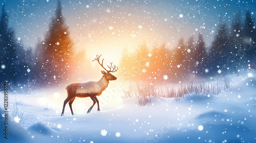 Winter landscape featuring a reindeer walking through softly falling snow under a starlit sky. Starlit Falls. Illustration