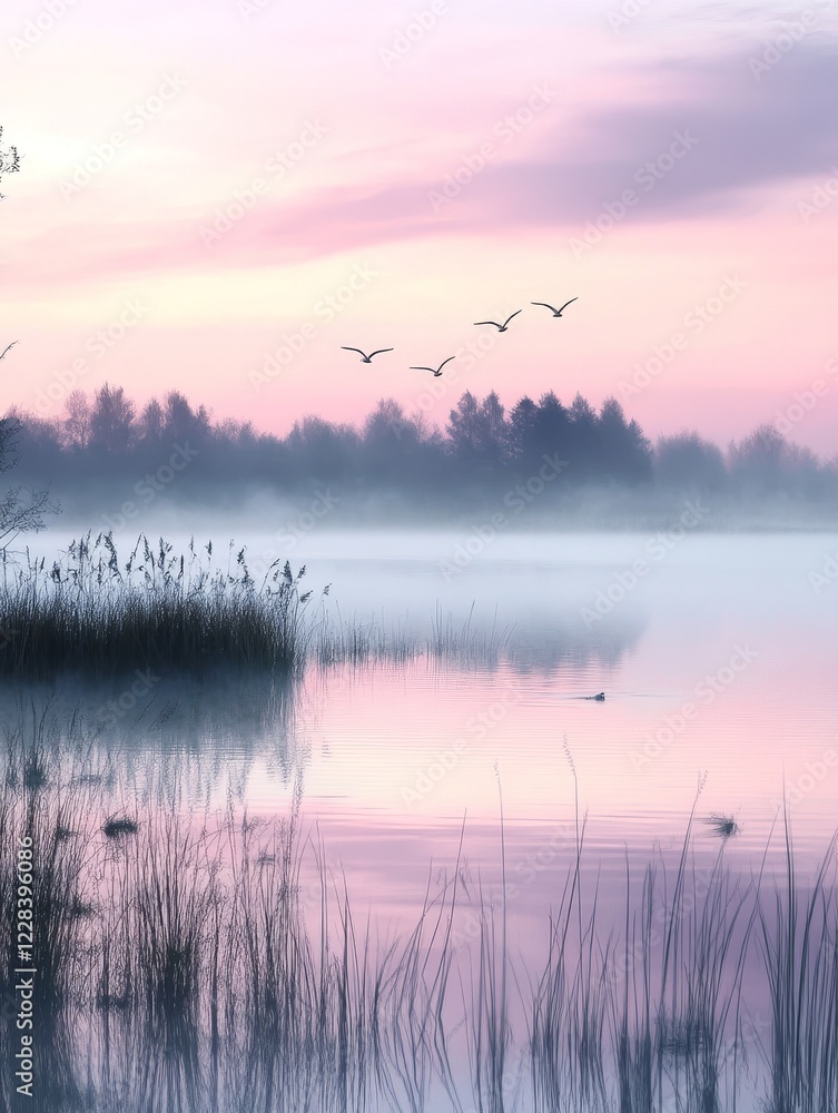 Fototapeta premium Serene Pink Dawn Over Misty Lake with Birds in Flight