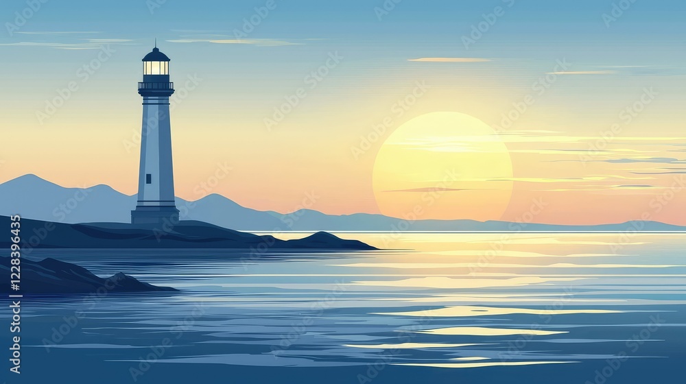Serene Lighthouse at Sunset Over Calm Water and Distant Mountains Serene Lighthouse at Sunset Over Calm Water and Distant Mountains