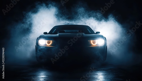 A black sports car with smoke coming out of the headlights, illuminated by studio lights against a dark background. 