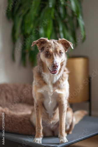 Wallpaper Mural Portrait of a dog, Australian Shepherd sits on a pillow at home and looks at the camera. Cute purebred dog on the floor in daylight Torontodigital.ca