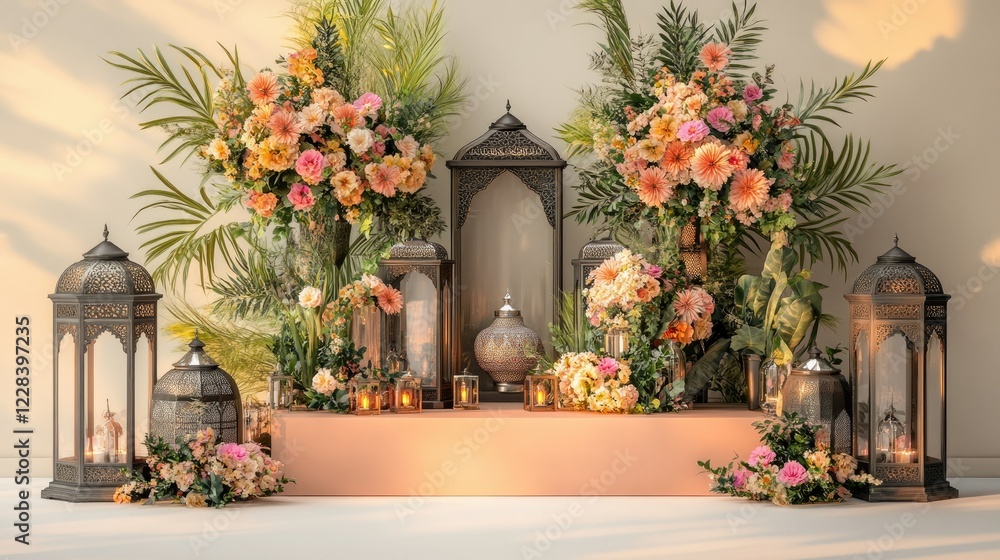 Elegant Floral Arrangement with Moroccan Lanterns Elegant Floral Arrangement with Moroccan Lanterns