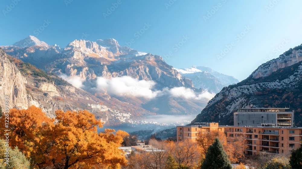 Vibrant autumn landscape showcasing majestic mountains and serene valley under clear skies Vibrant autumn landscape showcasing majestic mountains and serene valley under clear skies