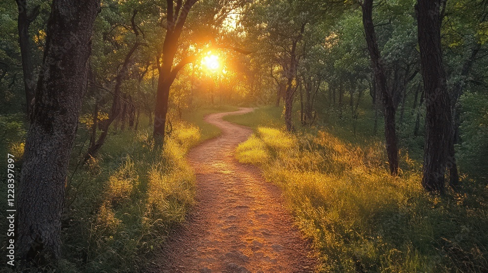 Naklejka premium A winding path illuminated by the setting sun through a lush green forest
