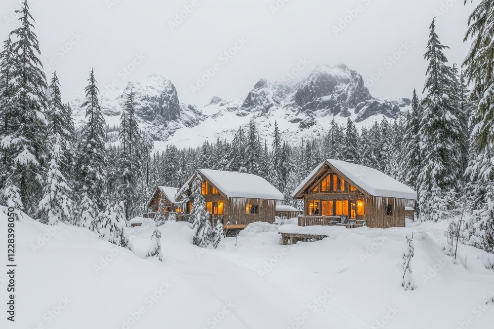 Cozy Wooden Cabins Surrounded by Snowy Mountains and Evergreen Trees Cozy Wooden Cabins Surrounded by Snowy Mountains and Evergreen Trees