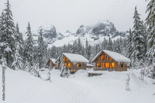 Wallpaper Mural Cozy Wooden Cabins Surrounded by Snowy Mountains and Evergreen Trees Torontodigital.ca