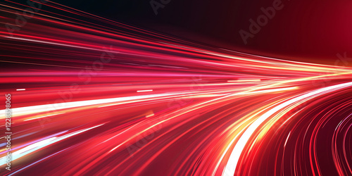 High speed curves of driving line with light neon effect. Red and yellow glowing dynamic trace of fast moving car or race. Realistic vector illustration of energy flash lines on black background. photo