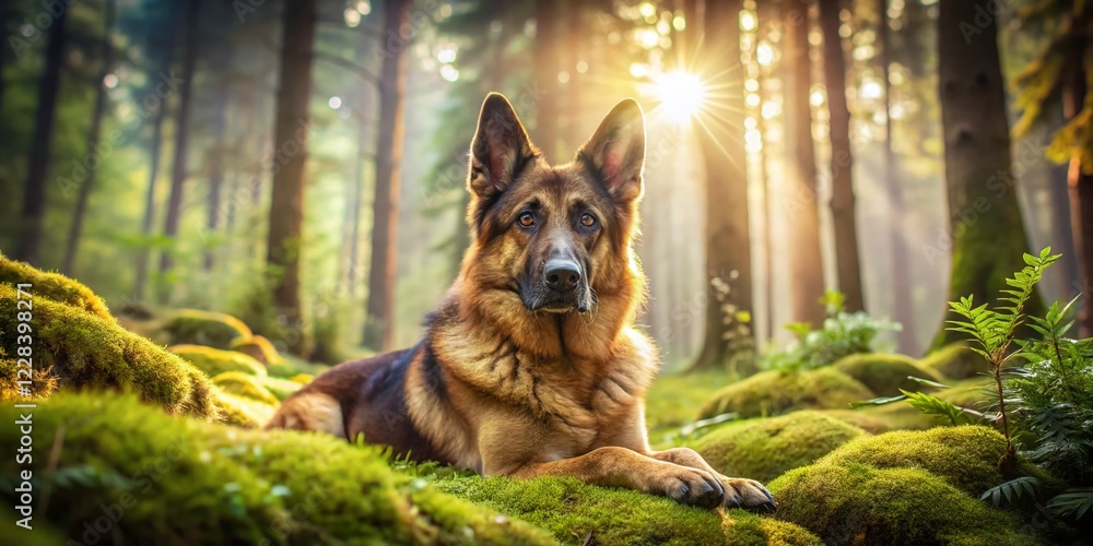 Naklejka premium Vintage German Shepherd Dog Lying in Sunny Mossy Woods - Stock Photo