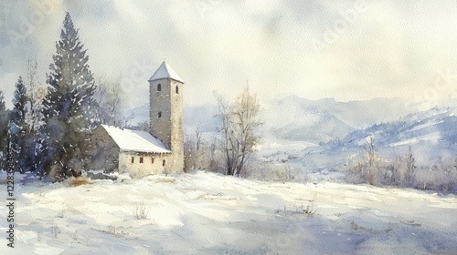 Wallpaper Mural Serene Winter Landscape with Church and Snow-Covered Mountains Torontodigital.ca