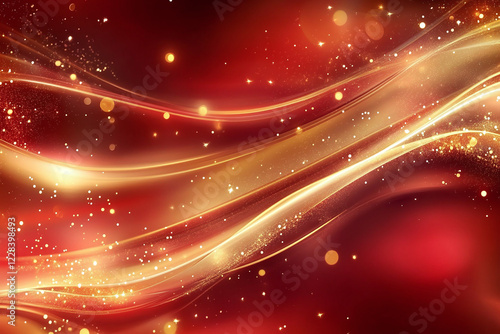 Elegant Golden Waves Flowing Over Vibrant Red Background, Luxury Abstract Design with Smooth Metallic Texture and Festive Curves