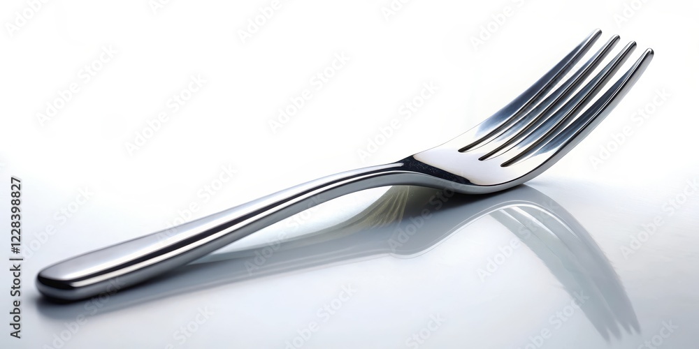 Steel fork lying on a clean white background with slight shadows and reflections, metal, eating,  metal
