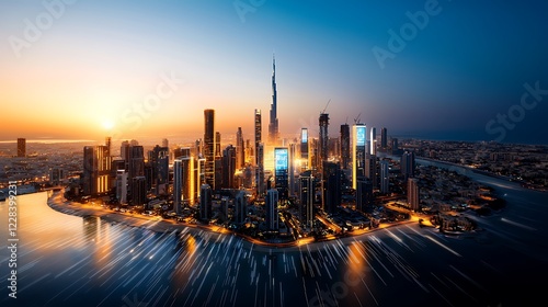 Sunrise cityscape, skyscrapers, coastal city,  light trails, travel