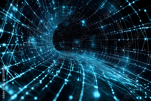 Fototapeta Naklejka Na Ścianę i Meble -  Abstract 3D illustration forms a glowing blue tunnel with connected lines and dots.