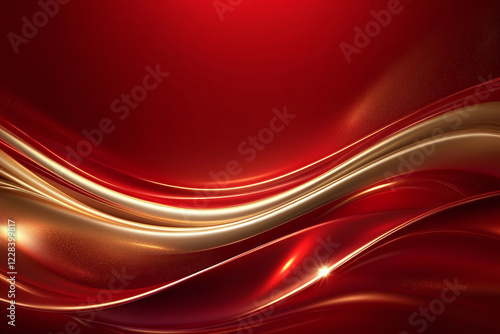 Elegant Golden Waves Flowing Over Vibrant Red Background, Luxury Abstract Design with Smooth Metallic Texture and Festive Curves