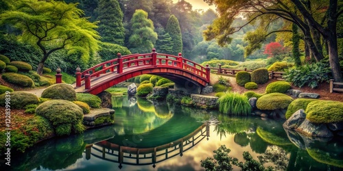 Vintage Japanese Garden Bridge & River in France - Serenity & Tranquility Stock Photo