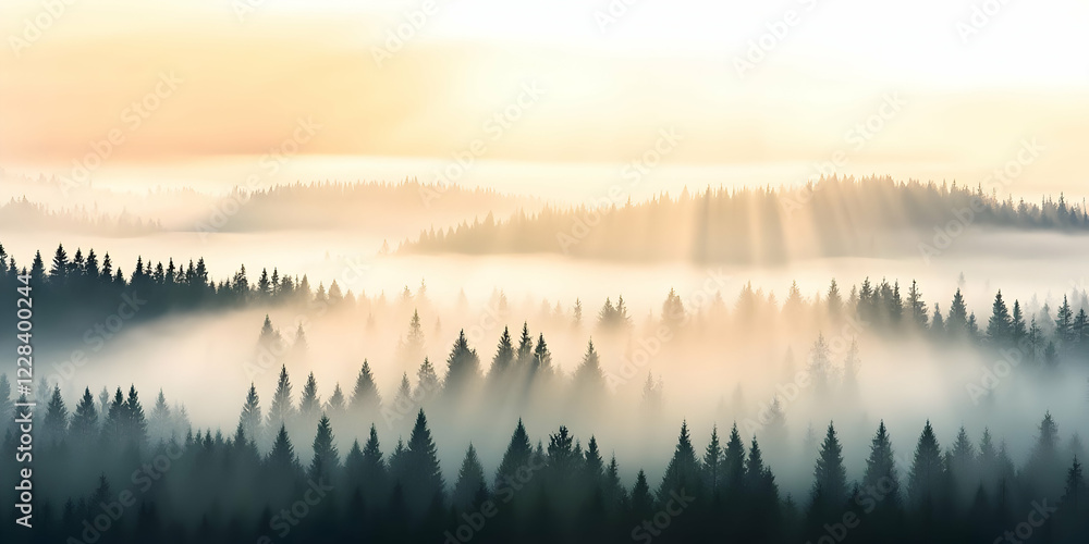 Fototapeta premium Misty Sunrise Illuminates Evergreen Forest with Dreamlike Golden Light