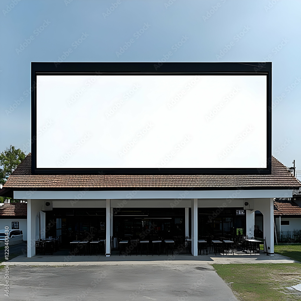 Large Blank Billboard Displays on Building with Tile Roof, Restaurant with Tables and Chairs Below Large Blank Billboard Displays on Building with Tile Roof, Restaurant with Tables and Chairs Below