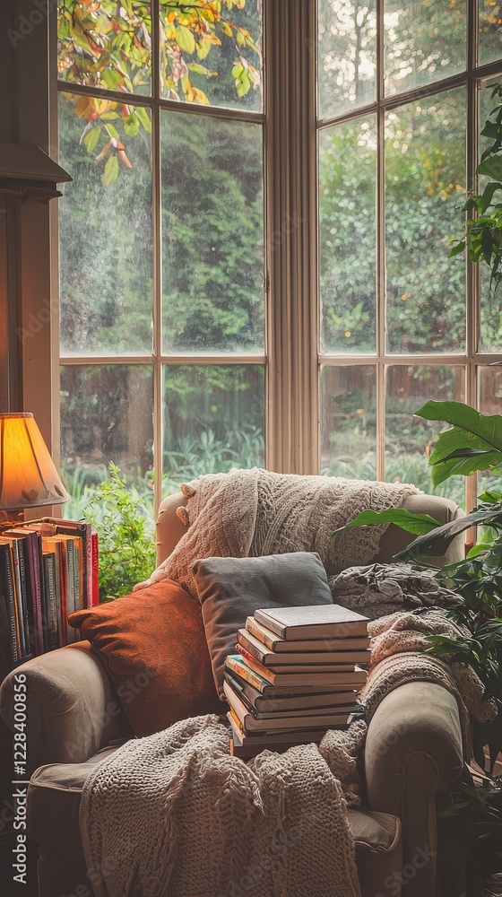 Fototapeta premium Cozy Reading Nook with Natural Light and Many Books in Greenery