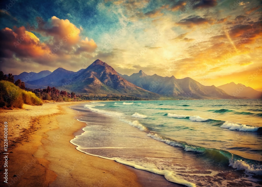 Naklejka premium Vintage Mountain Beach Sunset: Retro Coastal Landscape Photography