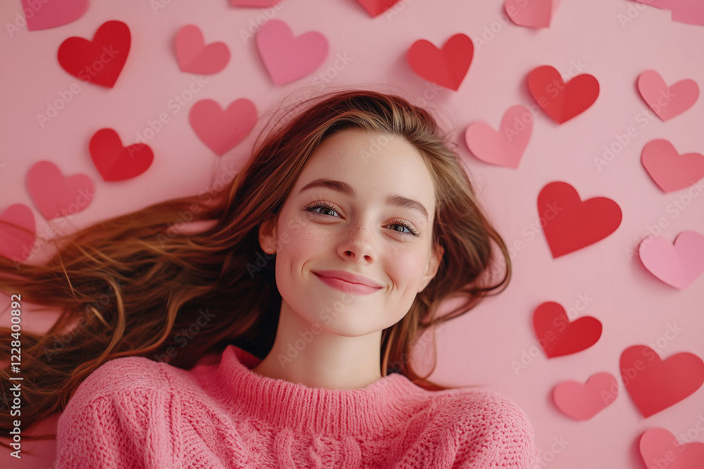 Valentine's Day flat lay with pink and red hearts on a pink paper background with beautiful woman Valentine's Day flat lay with pink and red hearts on a pink paper background with beautiful woman