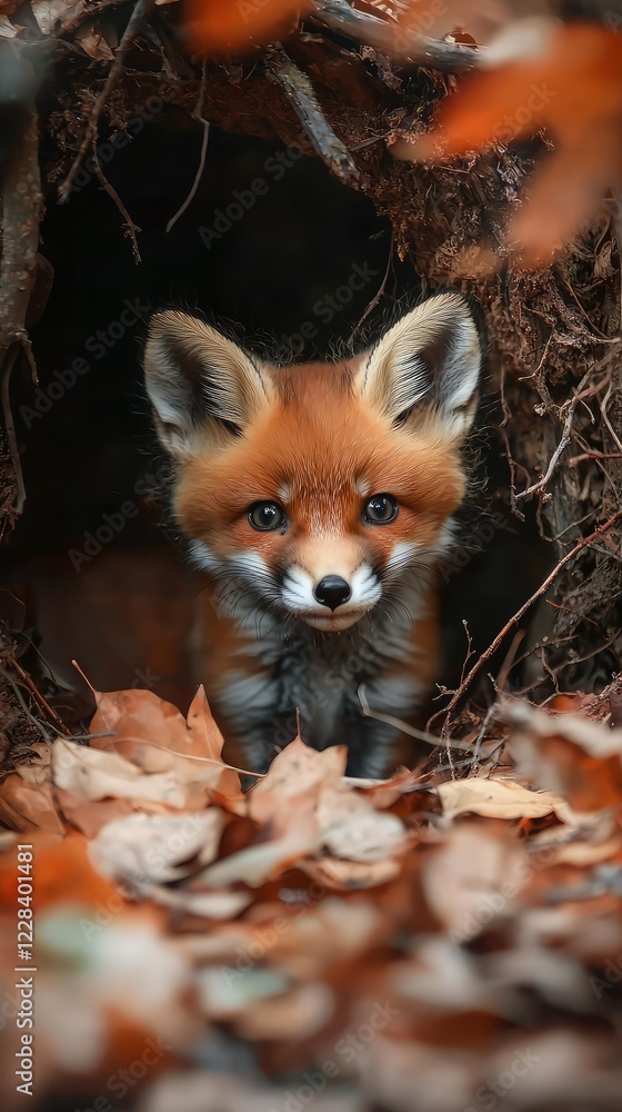 Obraz premium Young Fox Emerging from Burrow in Autumn Leaves